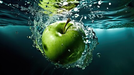 Fresh, delicious green apple splashing into crystal-clear water, captured in an advertising style, generative ai