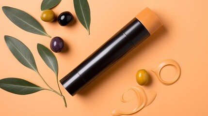  a tube of foundation cream next to olives and leaves.  generative ai