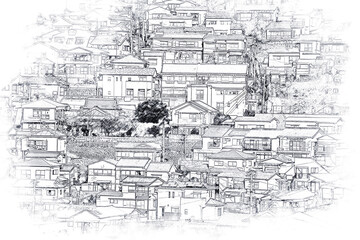Digital illustration in draw, sketch style. Cityscape architecture in Japan