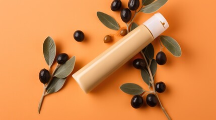  a tube of olives and an olive branch on an orange background.  generative ai