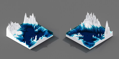 3D illustration voxels, Rocks, mountains and hills. Mountain peak iceberg.