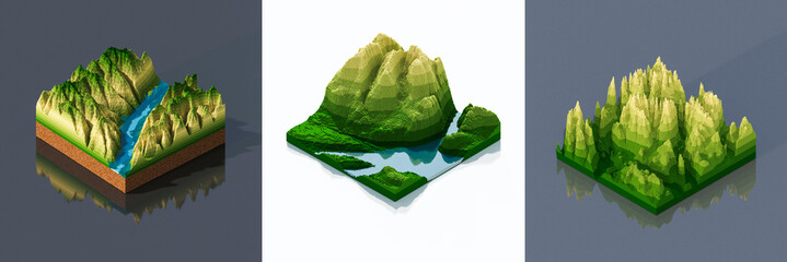 3D illustration voxels, Rocks, mountains and hills. Mountain peak. Landscape terrain map models.