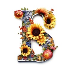 Floral and sunflower, colorful illustration letter S. Generative AI