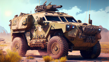 Fototapeta premium Armored SUV in sand desert with led bar on roof Generative AI