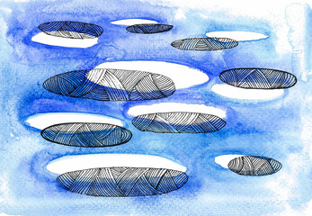 Obraz premium White oval clouds. Clouds are doodled with a black outline, which is partially superimposed on them. Diagonal strokes with a black pen. The background is blue. Watercolor blur.