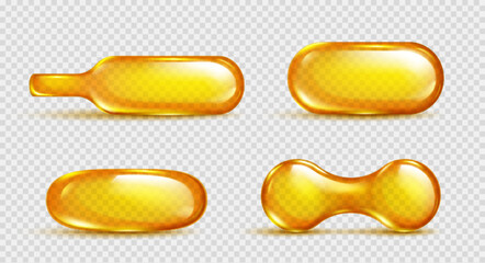 Realistic set of 3D oil capsules isolated on transparent background. Vector illustration of vitamin C, serum, omega, collagen essense pills with yellow substance. Beauty care product, medicine