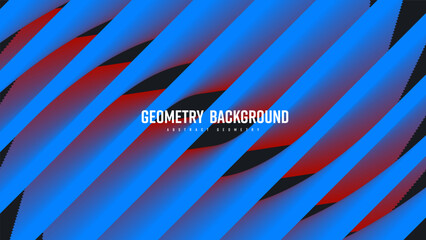 Vector diagonal illustration, gradient blue, red 3d lines, abstract blend shapes on black backdrop.