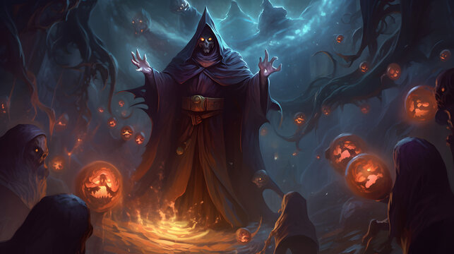  A sinister sorcerer summoning an army of undead creatures surr 