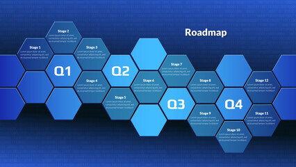 Horizontal roadmap with honeycombs on digital blue background. Timeline infographic template for business presentation. Vector.