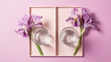  a pink box with two glasses and two purple flowers in it.  generative ai