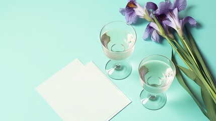 two glasses of water and a purple flower on a blue background.  generative ai