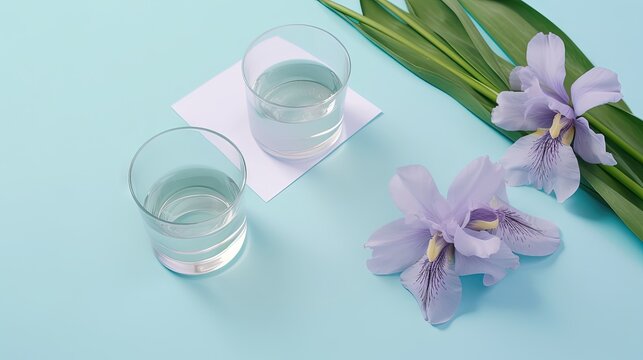  two glasses of water and a flower on a blue background.  generative ai