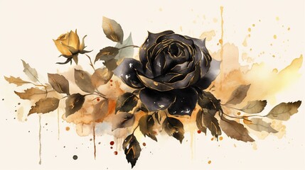  a painting of a black rose with yellow leaves on a white background.  generative ai