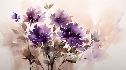  a painting of purple flowers on a white background with watercolor effect.  generative ai