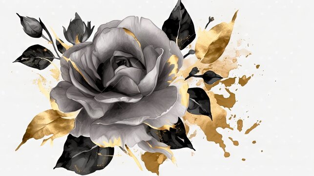  a black and white rose with gold leaves on a white background.  generative ai
