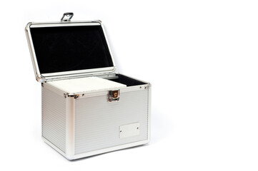 Nickel-plated metal chest with a lock for CDs or other things and jewelry.