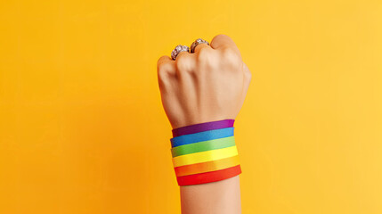 Fototapeta na wymiar Fist hand with gay pride rainbow flag wristband with Generative AI Technology