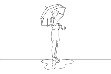 One continuous line. Girl under an umbrella. Young woman in the rain with an umbrella in her hand. Reflection in a puddle. One continuous line drawn isolated, white background.