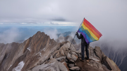Obraz premium Person standing with rainbow flag on top of mountain with Generative AI Technology