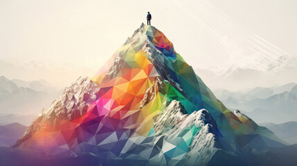 Person standing with rainbow polygon double exposure on top of mountain with Generative AI Technology