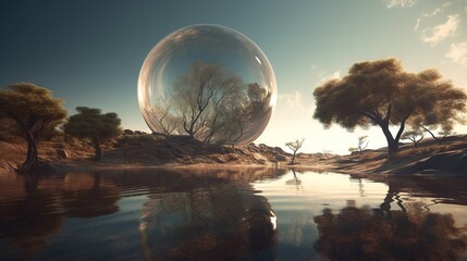  a futuristic landscape with a lake and a large sphere in the middle.  generative ai