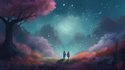 Obraz na płótnie Canvas two people standing on a hill looking at the stars in the sky. generative ai