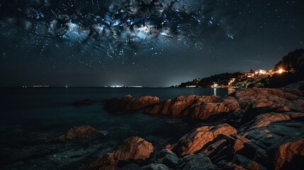  the night sky over the ocean with stars above the water.  generative ai