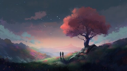  a painting of two people standing on a hill under a tree. generative ai