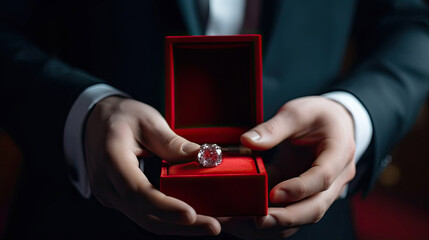 Will you marry me, A man in a business suit holds out a ring box with Generative AI Technology
