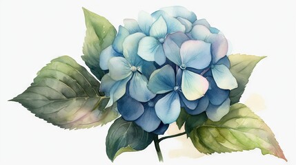  a watercolor painting of a blue flower with green leaves.  generative ai