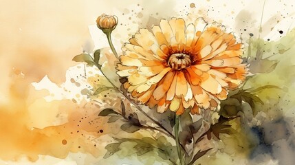  a watercolor painting of a yellow flower with green leaves.  generative ai