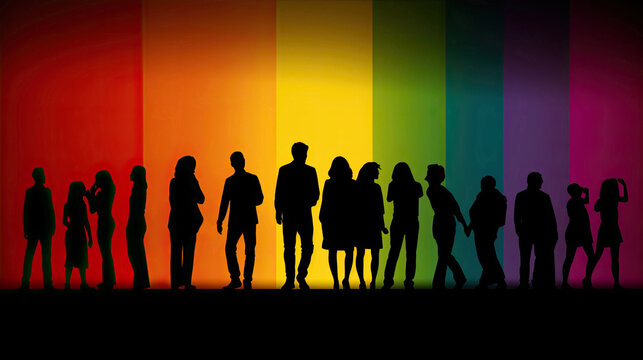 silhouette of a parade of gays and lesbians with rainbow background with Generative AI Technology