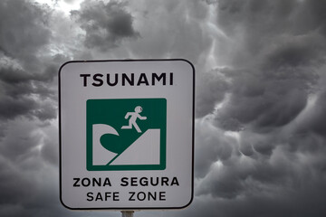 Warnschild vor Sturm mit stark bewölktem Himmel
