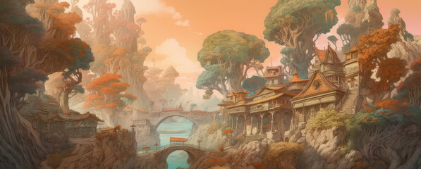 a fantasy landscape with a waterfall, in the style of terraced cityscapes, generative AI