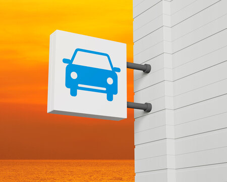 Car icon on hanging white square signboard over sunset sky and sea, Business transportation service concept, 3D rendering