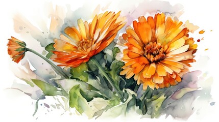  a watercolor painting of two orange flowers with green leaves.  generative ai - obrazy, fototapety, plakaty