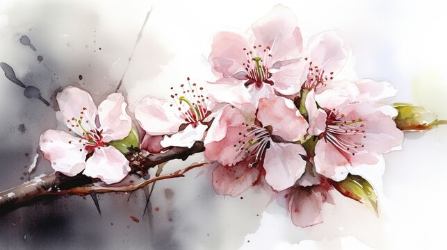  a painting of pink flowers on a branch with watercolors.  generative ai