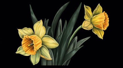  a painting of two yellow flowers on a black background with green leaves.  generative ai