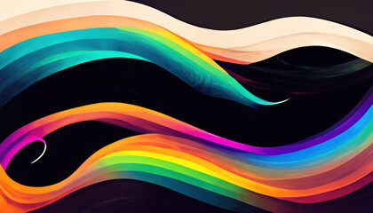 Neon wave colorful background. Curve lines. Bright pink yellow cyan blue rainbow gradient stripes on black abstract decorative art illustration.
