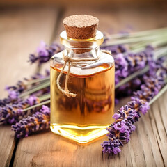 Bottle of essential oil for aromatherapy, alternative medicine or perfumery and a bouquet of fresh lavender on a wooden background. Generative AI.