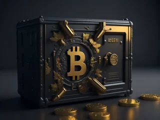 Foto op Canvas Golden bitcoin symbol on a safe with gold coins. 3D rendering. AI generated. © MrBaks
