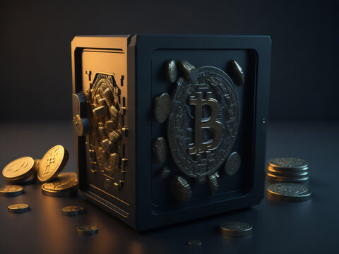 3D illustration of metal safe with bitcoin symbol and coins on dark background. AI generated.