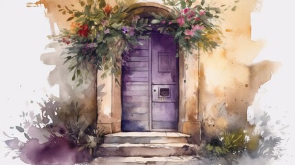  a watercolor painting of a purple door with flowers on it.  generative ai