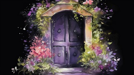  a painting of a purple door surrounded by flowers and vines.  generative ai