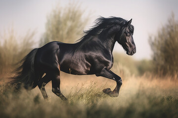 Fototapeta na wymiar Stunning picture of a black horse in motion on grass generative AI technology