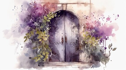  a watercolor painting of a purple door with vines growing out of it.  generative ai