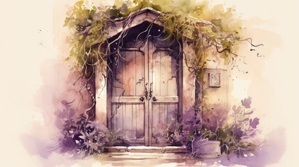 a watercolor painting of a door with vines growing over it.  generative ai