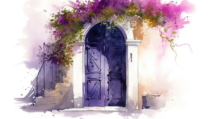  a painting of a doorway with purple flowers on the outside.  generative ai