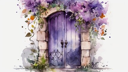  a watercolor painting of a purple door surrounded by flowers.  generative ai