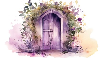  a watercolor painting of a purple door surrounded by greenery.  generative ai